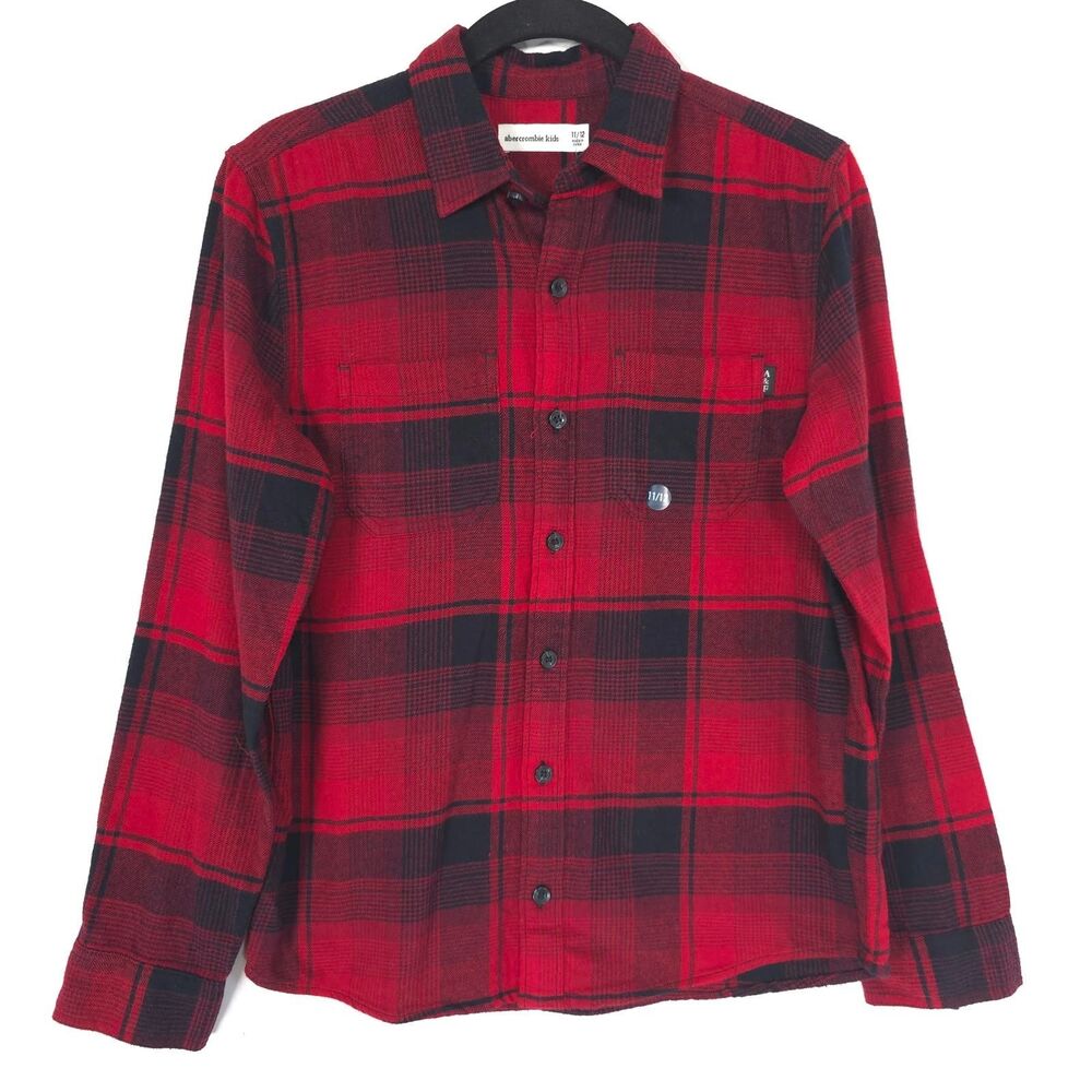 ABERCROMBIE KIDS New Flannel Shirt Button 11/12 Plaid 100% Cotton Red Black